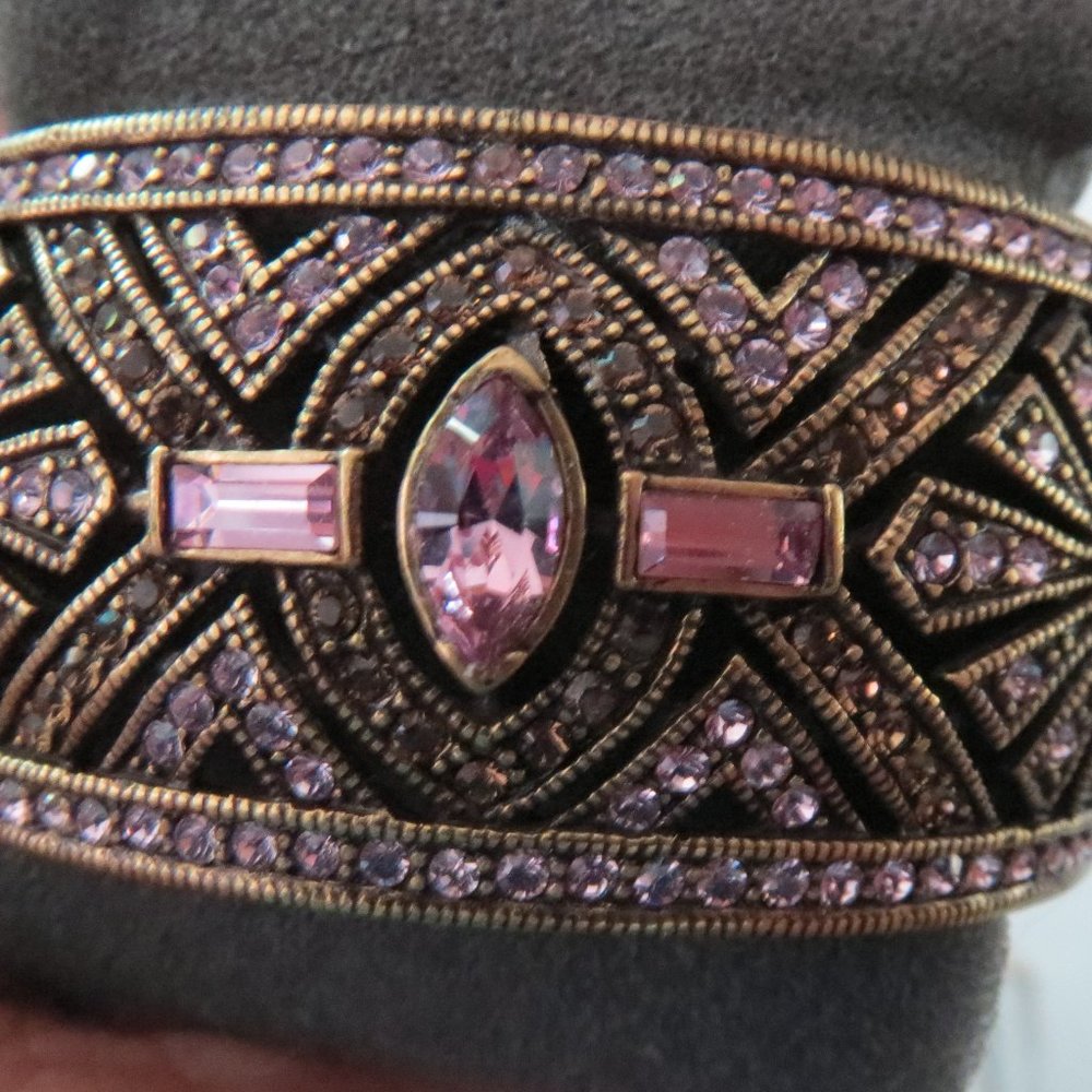 art deco HEIDI DAUS bronzetone wide snap BRACELET Swarovski crystal pink NEW